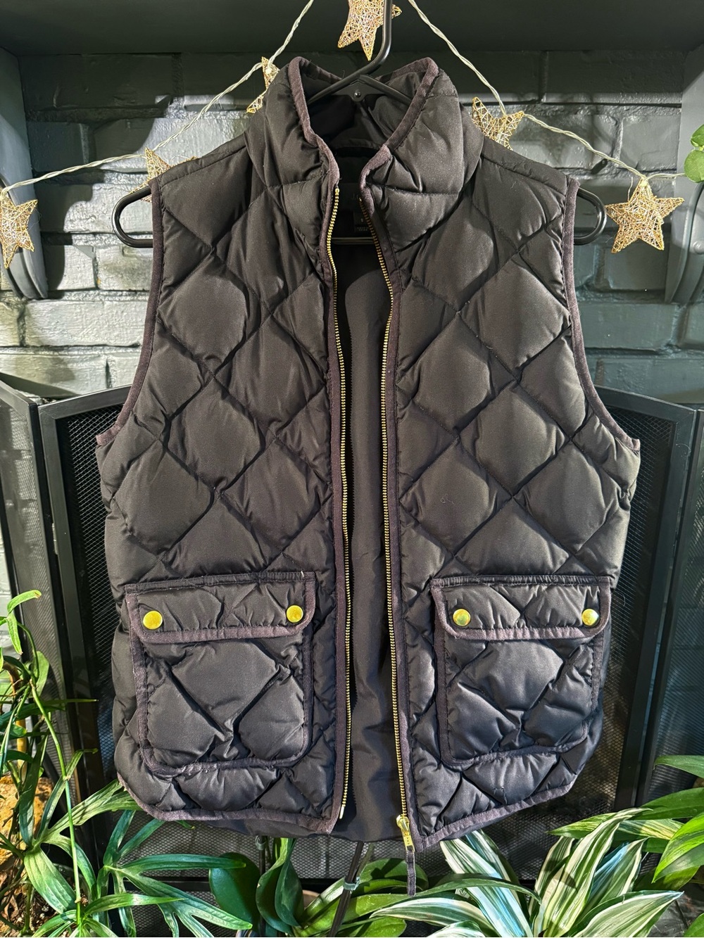 J. Crew Quilted Black Puffer Vest with Gold Snap Details